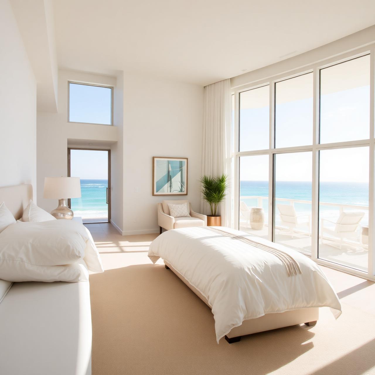 Sunlit beachfront condo interior with white linens and Gulf of Mexico view